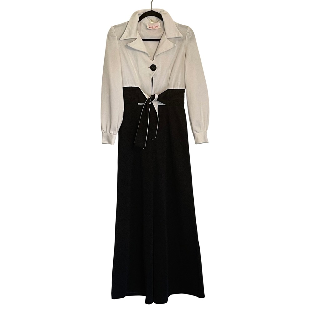 Vintage Fredericks of Hollywood Jumpsuit Black White Wide Leg Smocked 70s Tuxedo